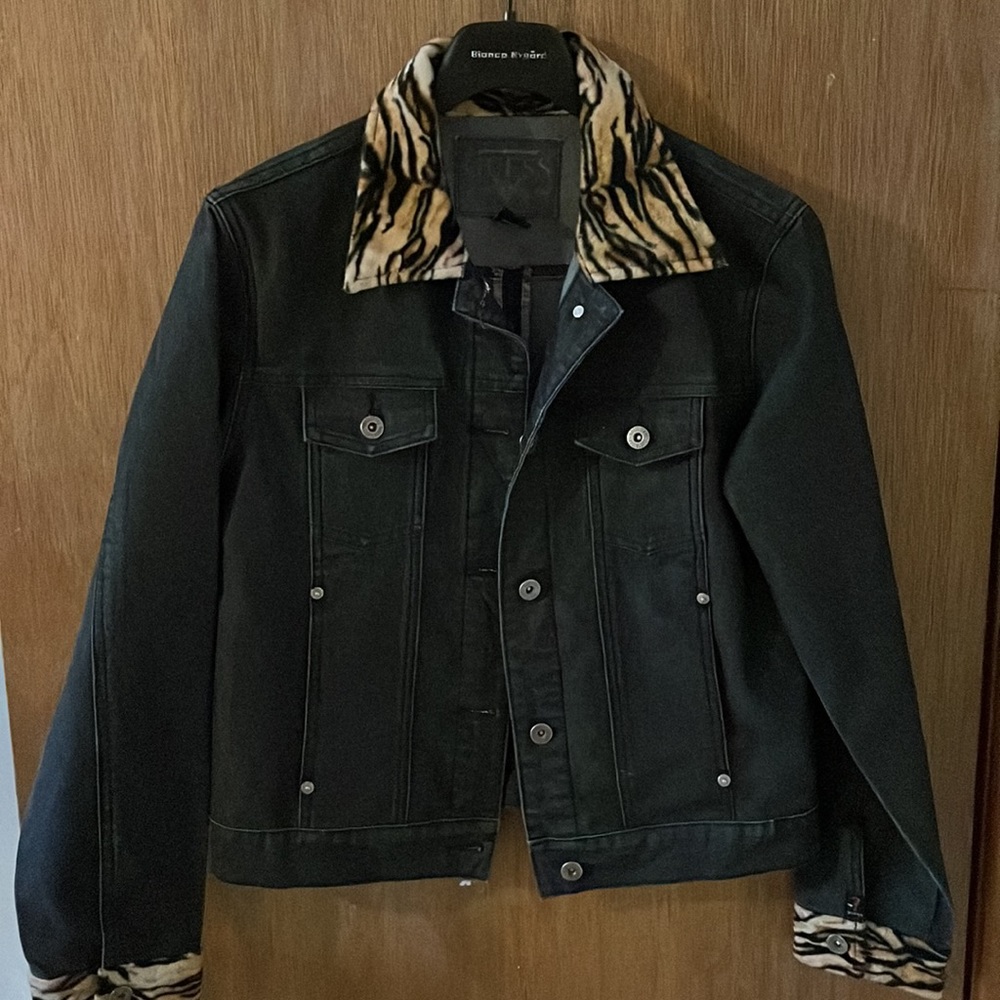 Guess Black Denim Jacket With Tiger Print Detail